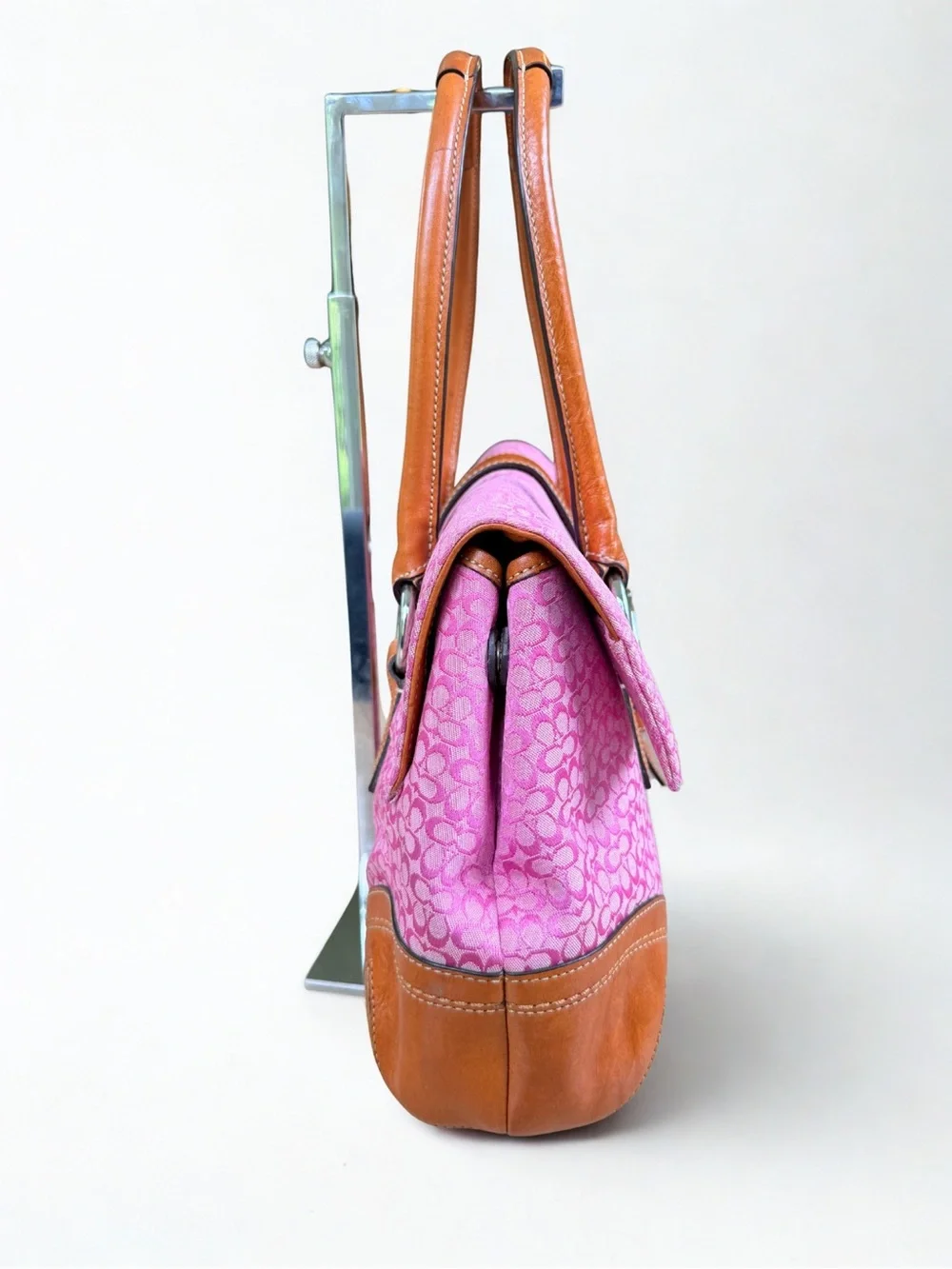 Coach Pink Canvas Satchel with Tan Leather Trim and Buckle Barbiecore